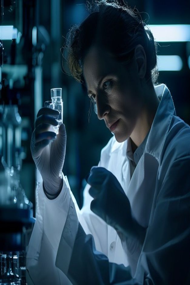Researcher inspecting a vial in the lab